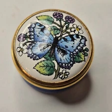 Halcyon Days Blue Enamel Trinket Box Butterfly Flowers Blueberries Mini