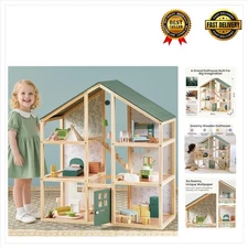 Sweetwood Evergreen 6-Room Wooden Dollhouse - 31Pc Eco-Friendly Furniture