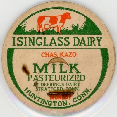 Milk Bottle Cap- Isinglass Dairy - Huntington, CT (Connecticut)- CHAS. KAZO-(#2)