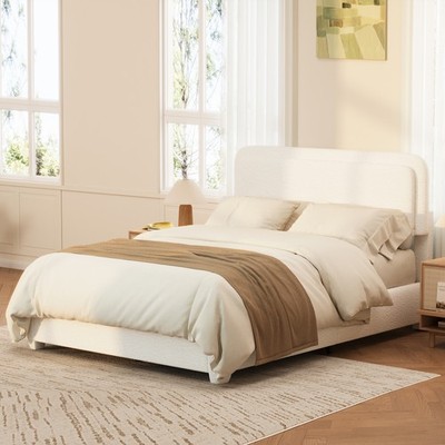 Full Size Boucle Platform Bed Frame White Adjustable Cloud Headboard Low