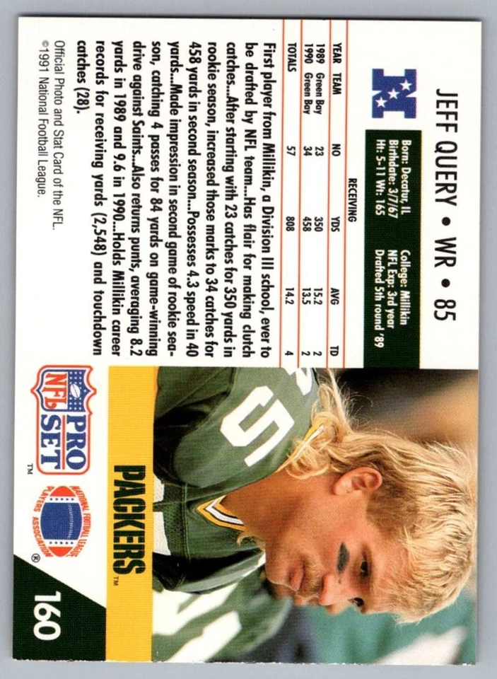 1991 Pro Set Jeff Query Green Bay Packers #160 - Image 2 of 2