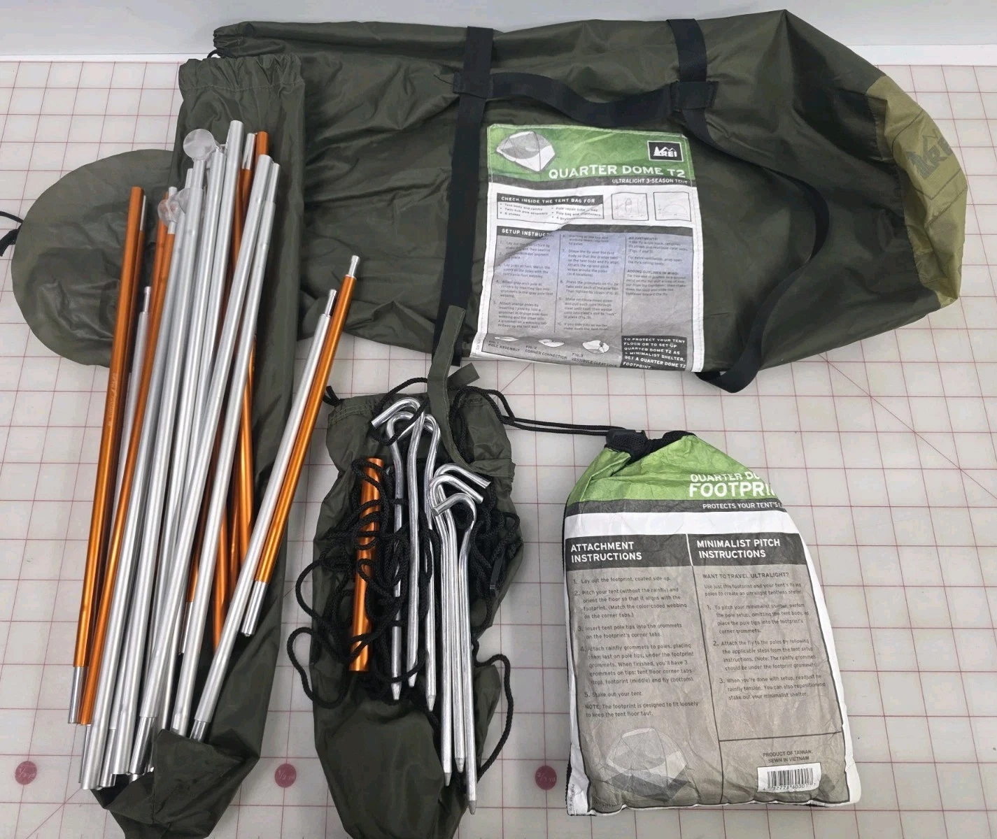 REI Tent Quarter Dome T2 Replacement Footprint Poles Stakes And Carry Bag.