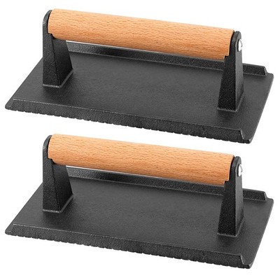 Heavy Duty Cast Iron Grill Press Wooden Handle Bacon Steak 8x4 In 2 PCS