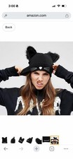 Black Cat Beanie Hat Soft Furry Ears Embroidered Whiskers Women s Girls Winter