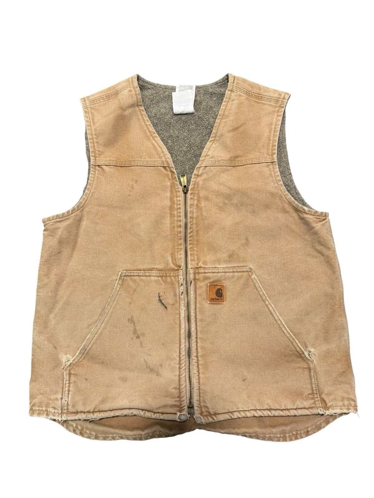 Vintage Carhartt Vest Mens L Tall Camel Tan Zip Sherpa V26CML Canvas Distressed