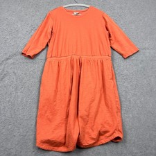 Pact Organic Dress Women's Large Orange Relaxed Slub Tie Waist 3/4 Sleeve Midi
