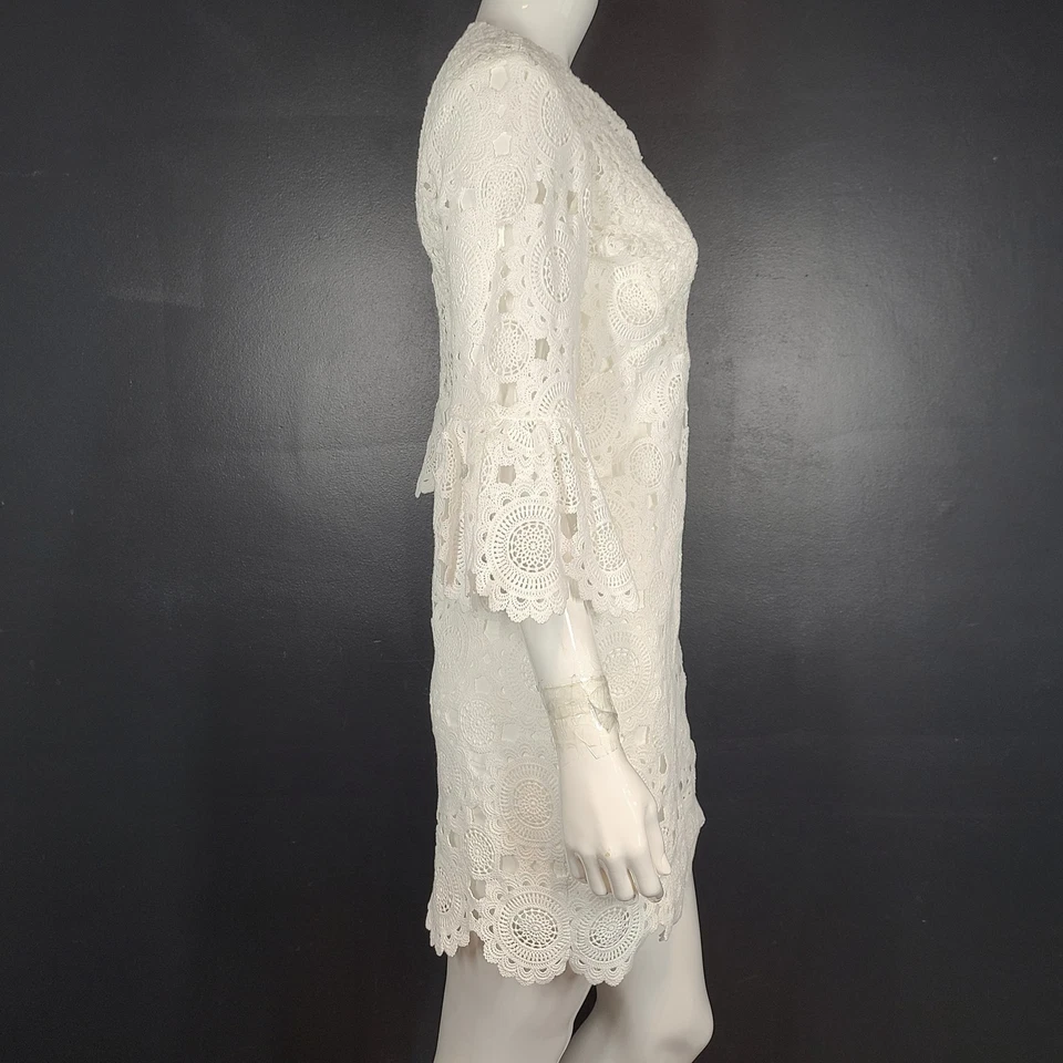 Maje Guipure Lace Short Mini Dress Flared Sleeves Crocheted White Sz S (36) - Image 2 of 4