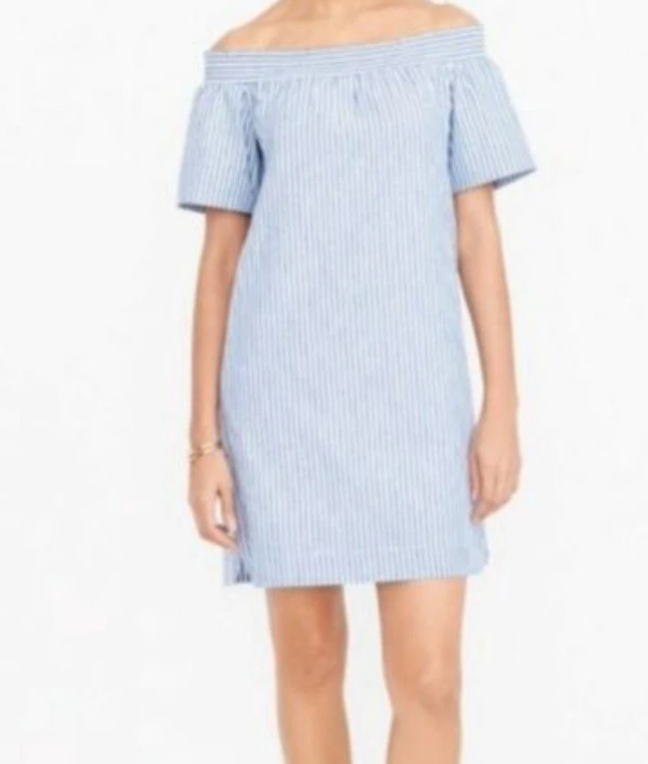 J.CREW Blue White Striped Smocked Off Shoulder Shift Dress 2