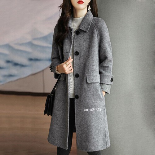 Women's Wool Blend Coat Herringbone Tweed Single Breasted Pea Coat Overcoat - Picture 2 of 20