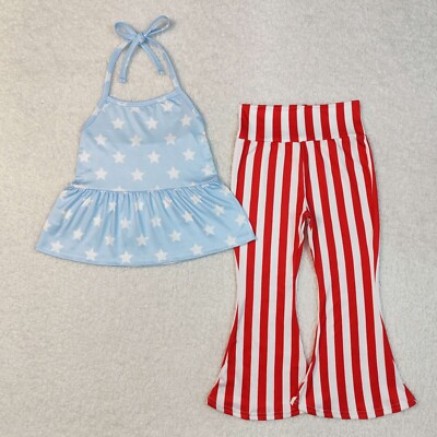 Baby Girls 4th Of July Stars Halter Tunic Bell Pants Patriotic Clothes Sets