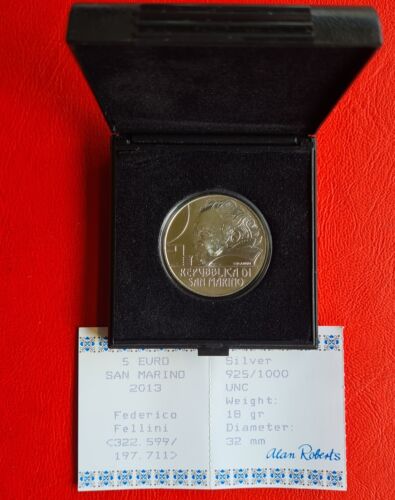 San Marino 5 euros 2013 st con certificado de autenticidad, ¡en estuche! ¡SOLO 30.000 ex.! F. Fellini / S#155 - Imagen 1 de 3