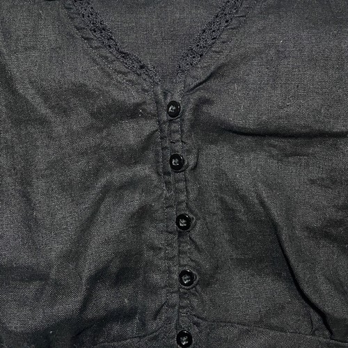 Gloria Vanderbilt Black Cap Sleeve Pure Linen Blouse L Lace-Trim Button-up Top - Picture 2 of 4
