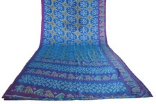 FNC Vintage Saree Indian Blue Woven Ikat Blend Silk Sari Craft Fabric 5YD