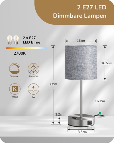EDISHINE Tischlampe 2er Set mit USB-Ladefunktion Touch Dimmbar Nachttischlampe - Bild 5 von 18