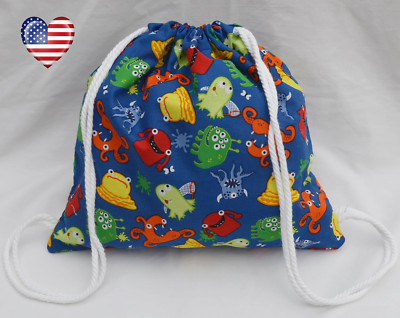 HANDMADE Child's ''Wacky Monsters'' DRAWSTRING BACKPACK, Poly Rope, Unisex, Cotton