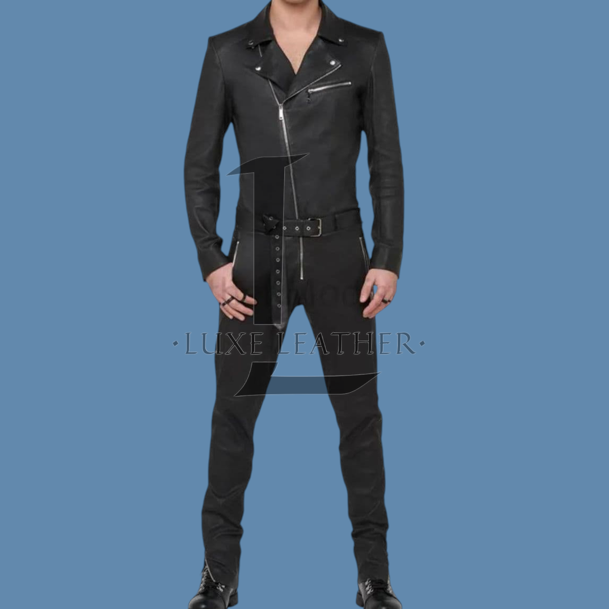 Men's Black Leather Body Suit Genuine Lambskin Leather Suit Front
