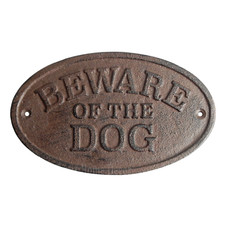 Beware of The Dog Fence Sign Cast Iron Oval Plaque Rustic Finish Heavy Duty 6.5"