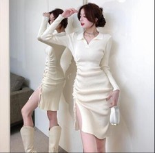 Womens Fashion Turn Down Collar Drawstring Knitted Hip Package Bodycon Dress SUN