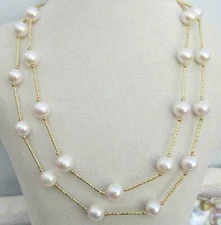 40 inch 9-10mm AAA Akoya white pearl necklace 14k Yellow Gold Clasp