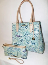 BRAHMIN SKY BLUE AQUA COPA CABANA JOAN & WRISTLET 57 Chevy Woody Wagon Palms NWT