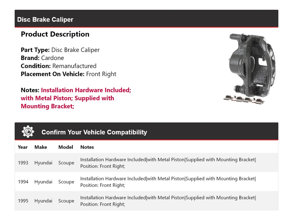 Pinza de freno de disco delantera derecha Cardone 1994 para Hyundai Scoupe 1993-1995 Foto 2 de 4