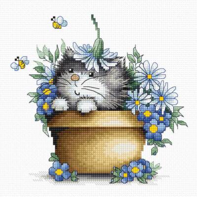 Luca-S Kreuzstichset ''Kätzchen in Blumen'', Zählmuster, 16x15,5cm
