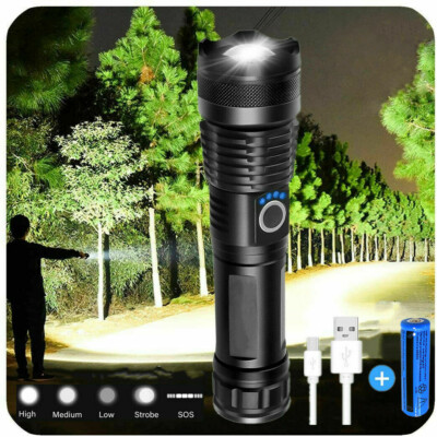 Super Bright 70 LED Flashlight Tactical USB Torch Camping w/Rechargeable Batt