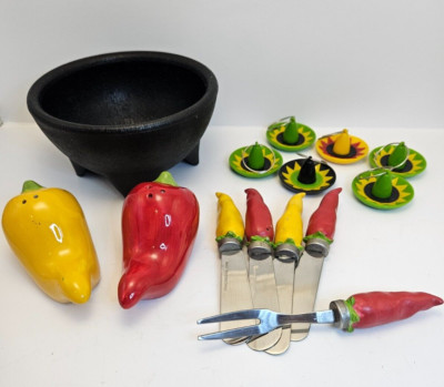 Mexican Theme Tableware Lot Salsa/Guacamole Bowl Chili Pepper Shakers and more
