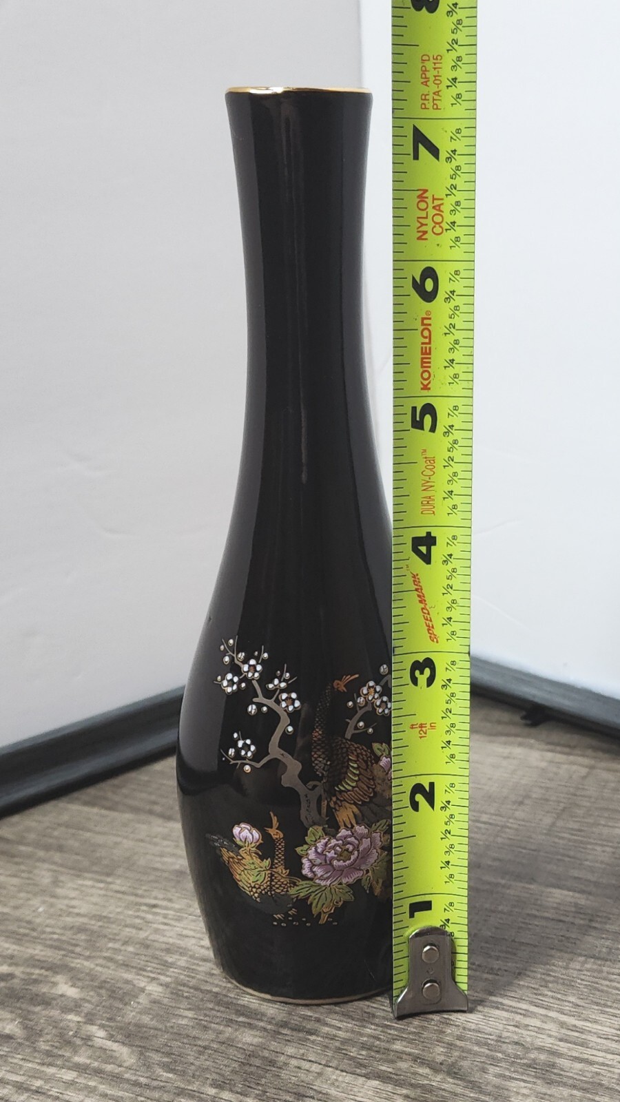 Asahi Japanese Vase Handpainted Pheasant Peacock Flowers Black Vase Gold Trim
