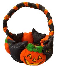 Vintage Halloween Basket Cut n Sew Pattern Panel By Cranston Black Cats Pumpkins