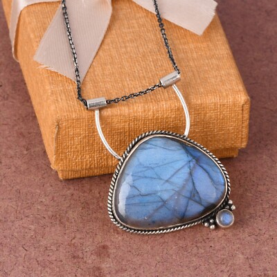 .925 Sterling Silver Labradorite Pendant Necklace Statement Large Gemstone Women