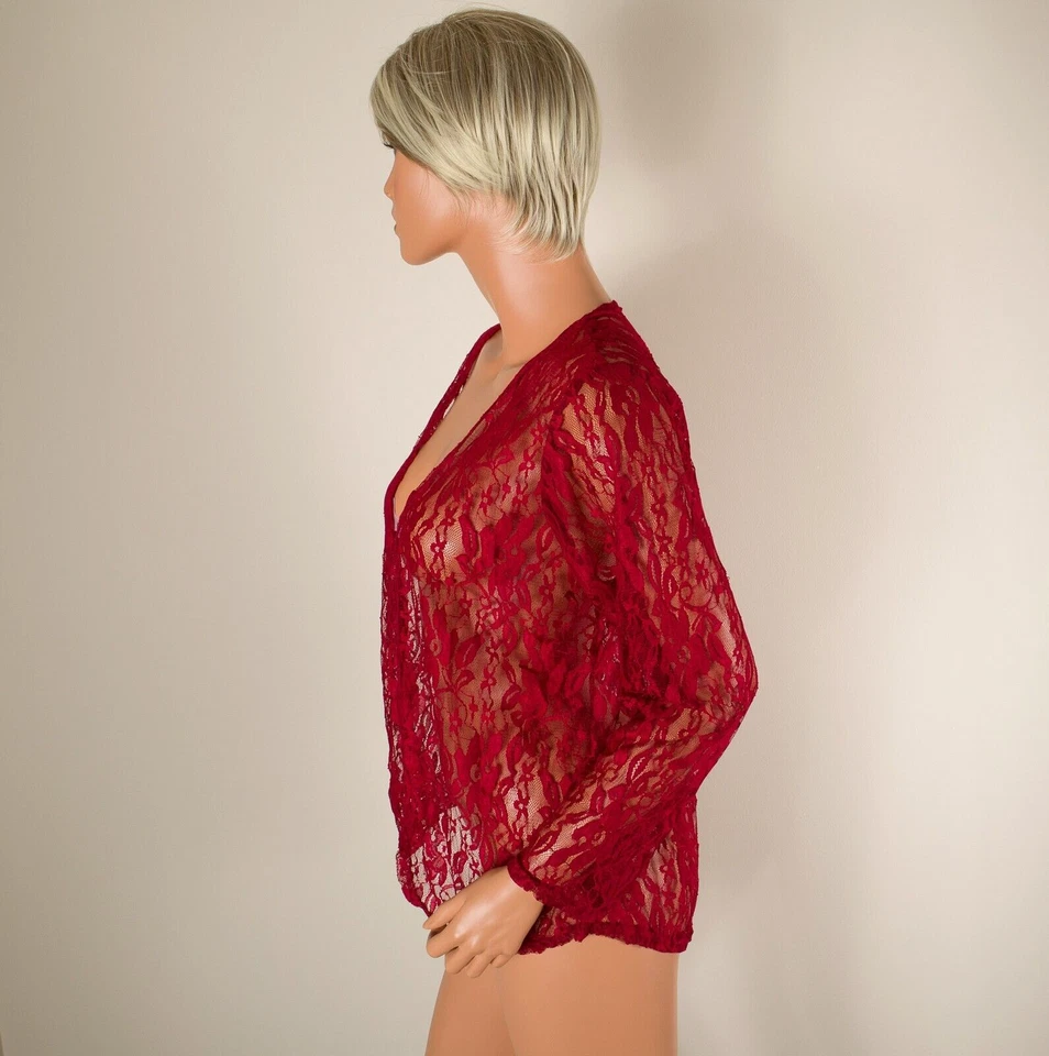 💖 Women's Sleep-Shirt Red Open Front Cover-Up Robe Silky Soft Sheer Lace 3XL - Image 3 of 4
