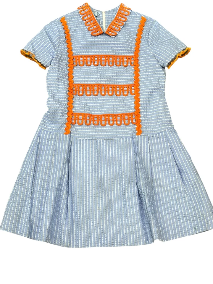 MIMISOL MI MI SOL GIRLS DRESS SHORT SLEEVE COLLARED BLUE SEERSUCKER STRIPE 14 - Image 2 of 4