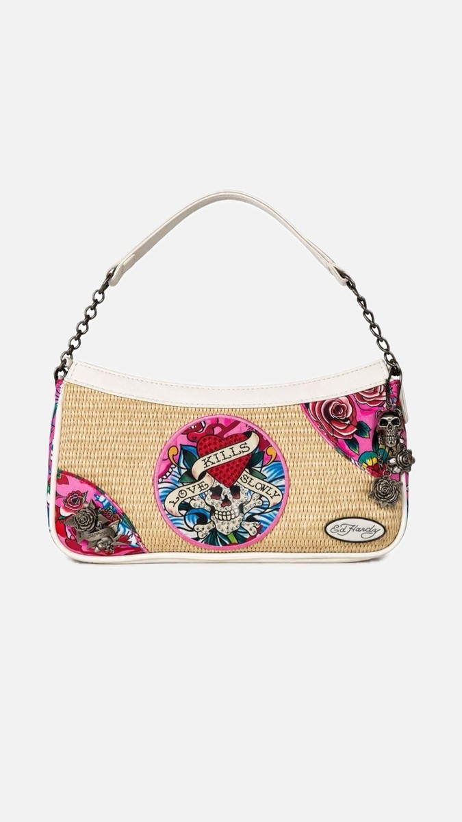 Ed Hardy Shoulder Bag Skull Rose Graphic white, bamboo, Pink Chain