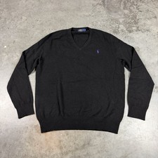 Polo Ralph Lauren Sweater Mens Large Black V Neck Merino Wool Flaws