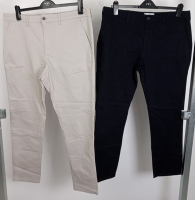 M&S Men's Slim Fit Trousers 2xPcs W 40'' L 31'' Beige/Black Flat Front NEW F2