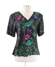Vtg Stenay Black Multi Color Floral Silk Beaded Sequin Evening Blouse Top Size S