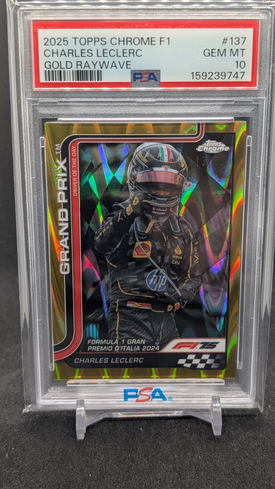2025 Topps Chrome F1 Charles Leclerc Gold RayWave Refractor 13/50 Ferrari PSA 10