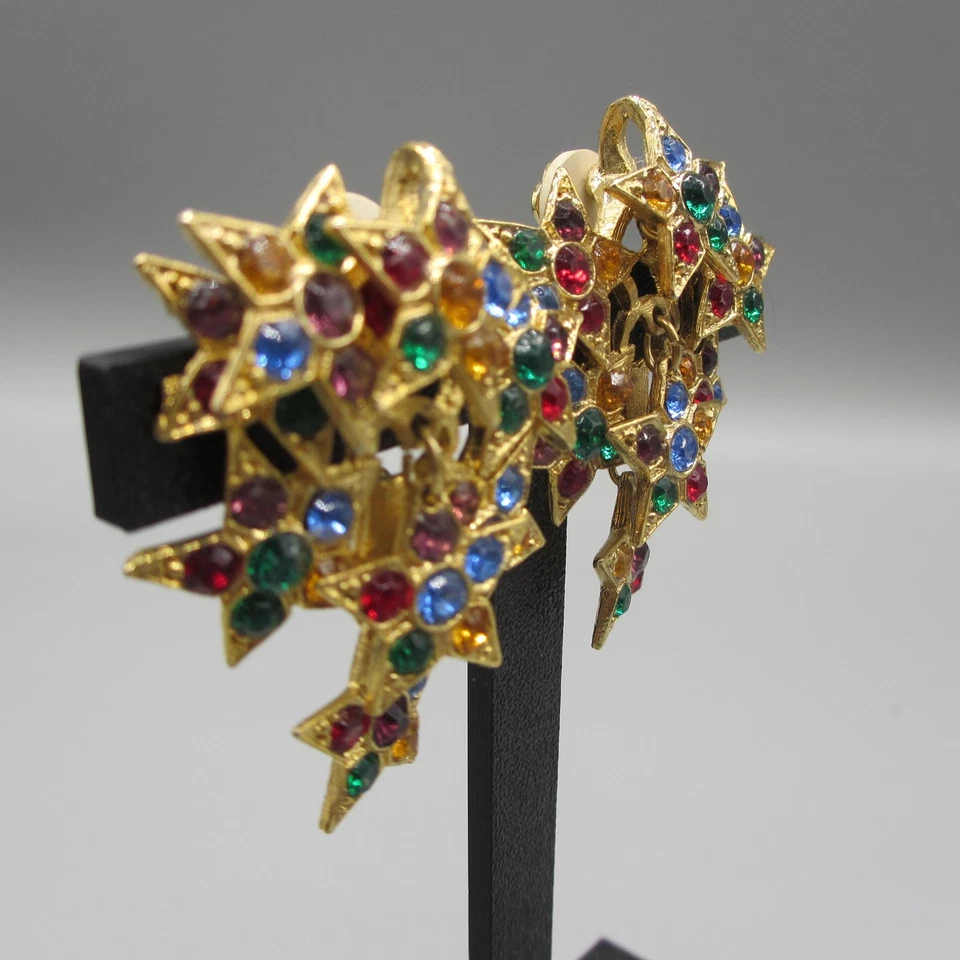 Vintage Rhinestone Earrings Multicolor Star Dangle Statement Clip On - Image 2 of 4