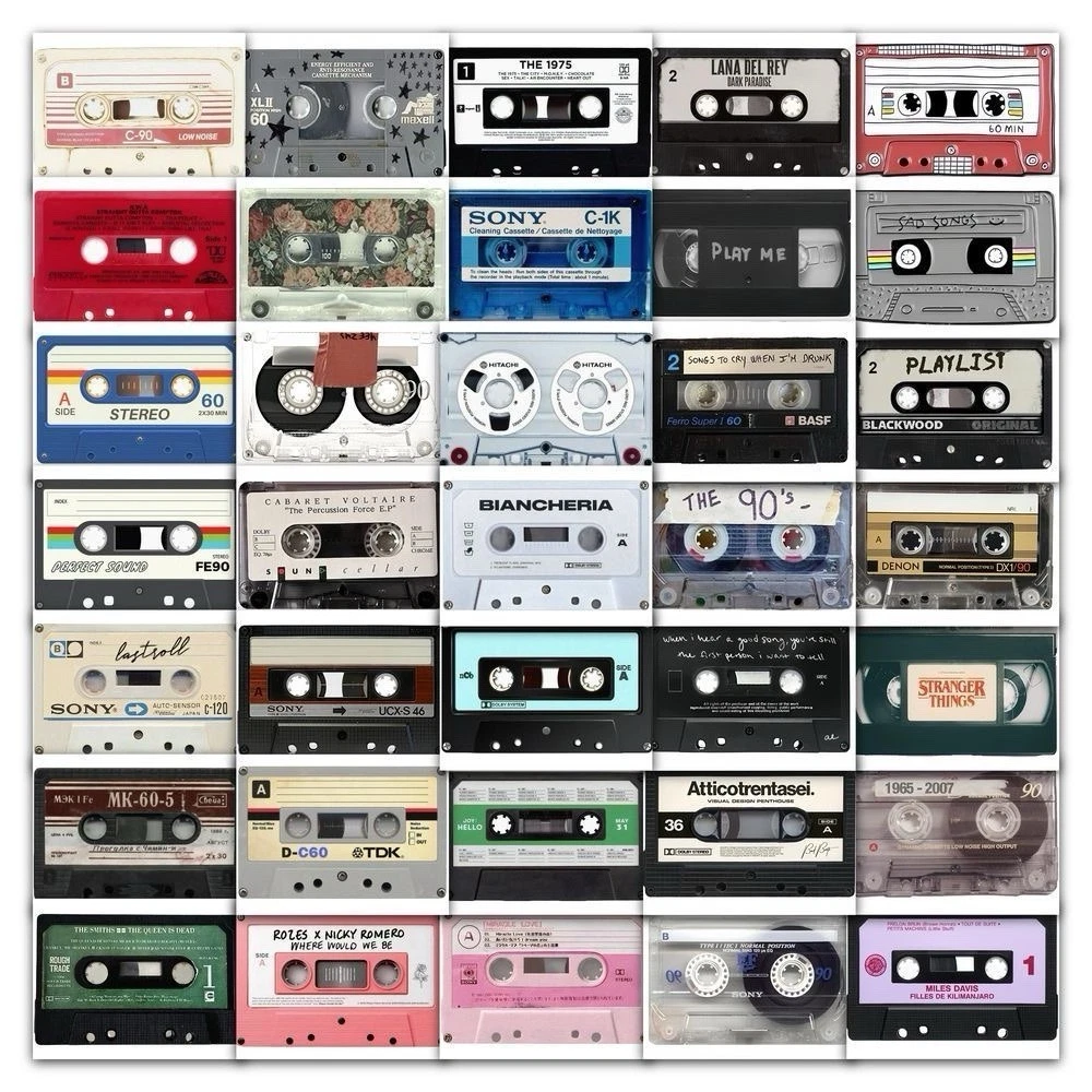 20Pcs Random Retro Album Music Cassette Tape Vinyl Cartoon Waterproof Stickers