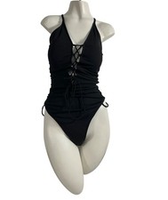 Black Ribbed Lace-Up One-Piece Swimsuit With Adjustable Straps Side Ties