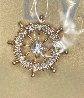 Clear Stone Helm Ship Steering Wheel Brooch Pin Gold Tone #1259