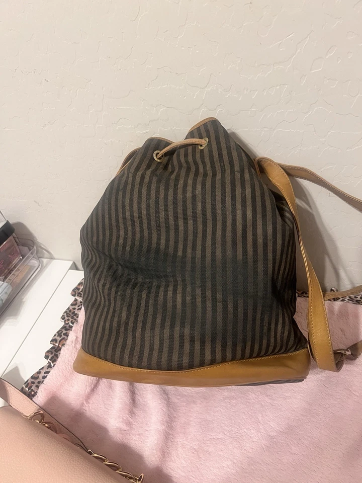 FENDI Vintage 70s Pequin Brown Tan Striped Leather Crossbody Bucket Bag - Image 3 of 4