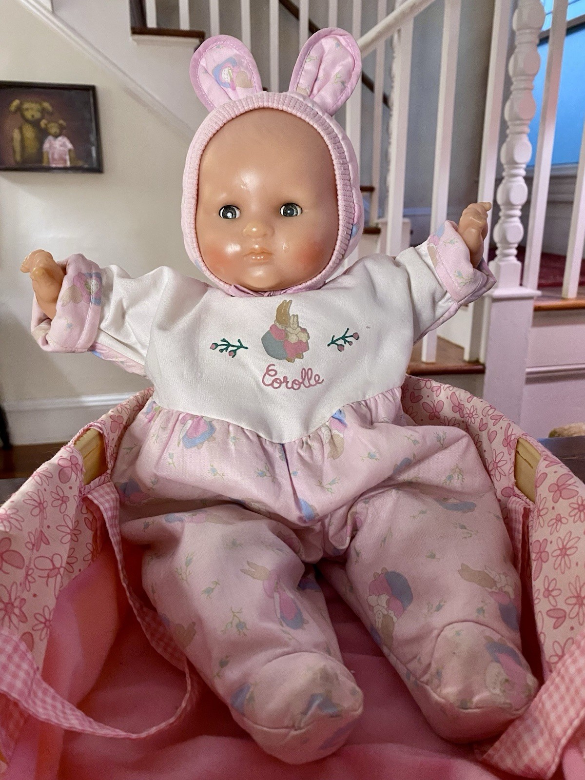 Vintage 1992 Corolle Vinyl Cloth Baby Doll W Bunny Rabbit Ou