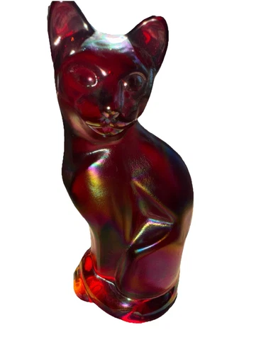 Fenton Iridescent Ruby Red Carnival Glass Hand Painted 5” Cat~Bottom Marked “F”