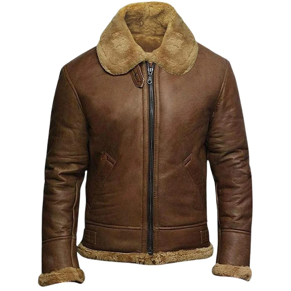 Men's RAF Aviator B3 Flying Bomber New Shearling Real Leather Beige Brown Jacket - Image 2 of 4