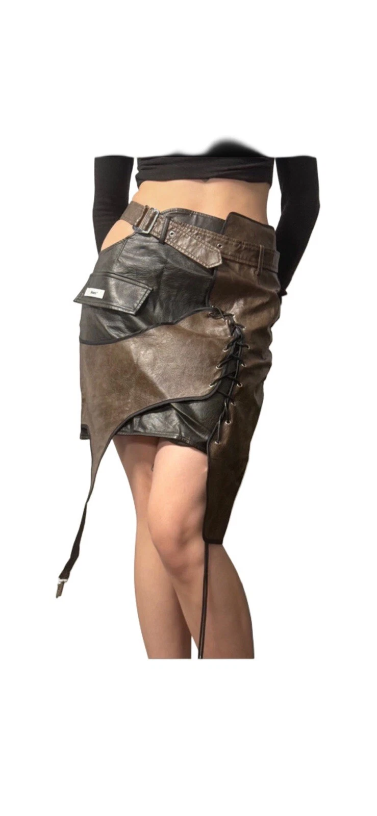 rare 24 ans two tone wrap over leather skirt with patchwork