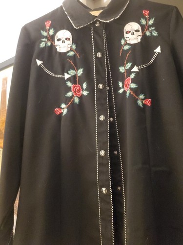 Scully Shirt Pearl Snap Skull Roses Cowboy Medium Vintage Gene KISS Rockabilly - Picture 6 of 13