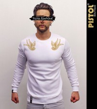 Pistol Boutique Homme or Blanc Tatouage Hirondelle Logos Décontracté Pull