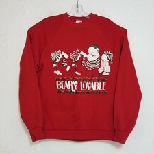 Jerzees Vtg Made in USA Christmas Red Bears Puff Print Sweatshirt Size XL